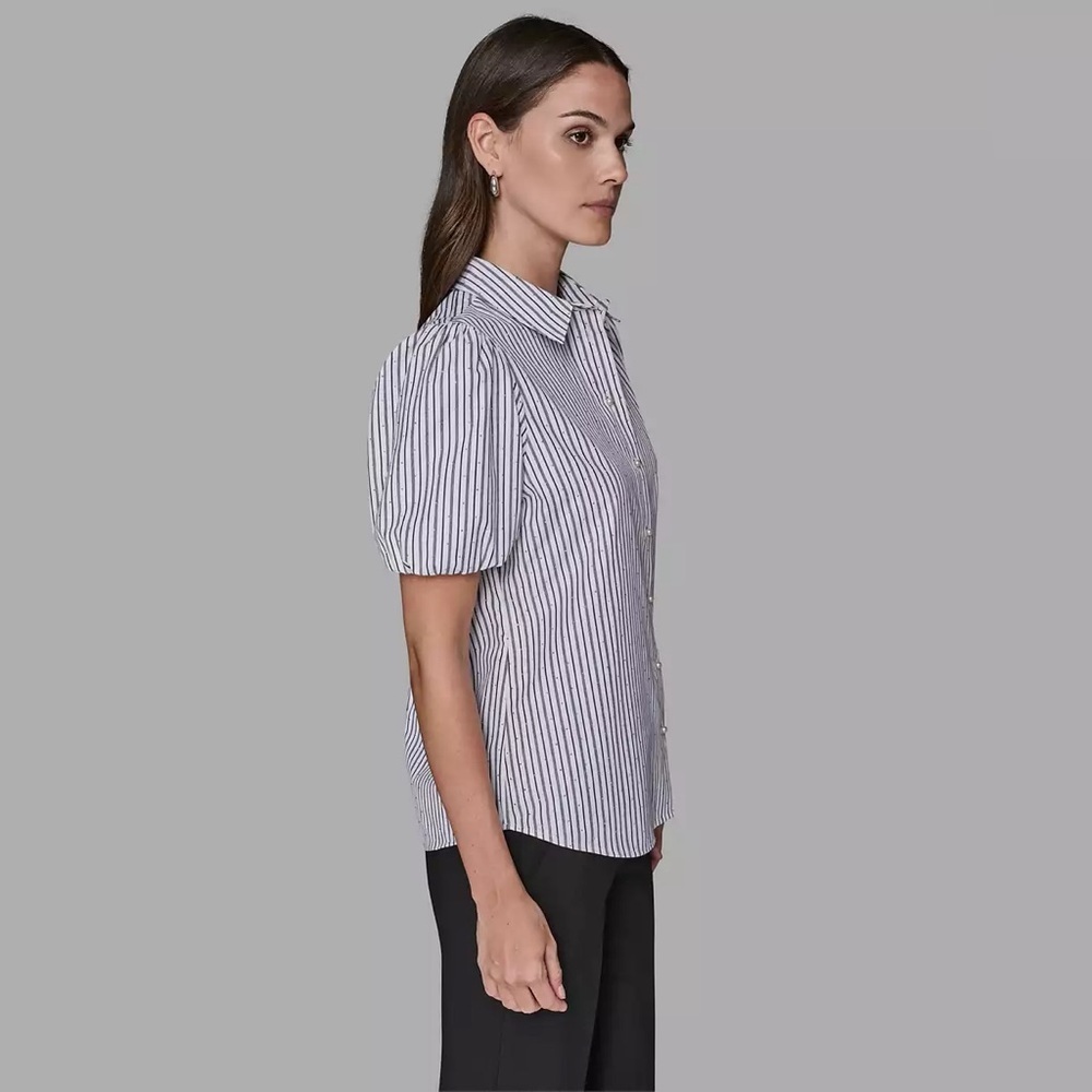 Karl Lagerfeld - Sequin Stripe Puff Short Sleeve Pearl Button Down Shirt XL